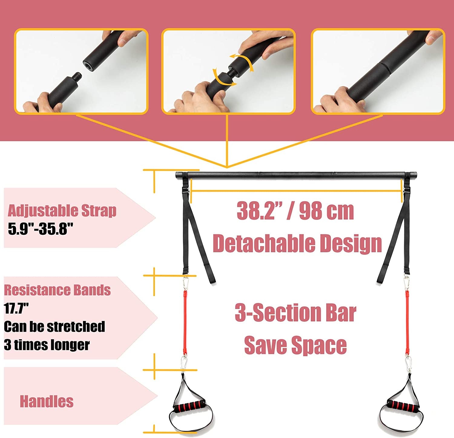 Portable Pilates Bar Kit with Resistance Bands, Portable Stick Bar Strength Training Set Home Gym Workout Equipment